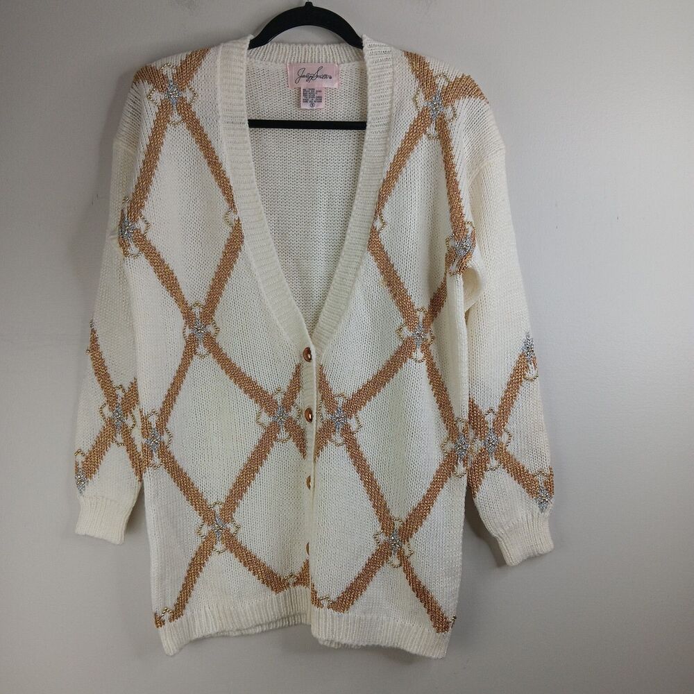 Vintage Jaclyn Smith Cardigan Women Small Gold Beaded Cream Holiday Grandma 80's